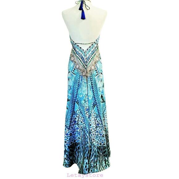 NWT La Moda Boho Bead Embellished Watercolor Hi-low Beach Cover-up Maxi Dress - Picture 6 of 9